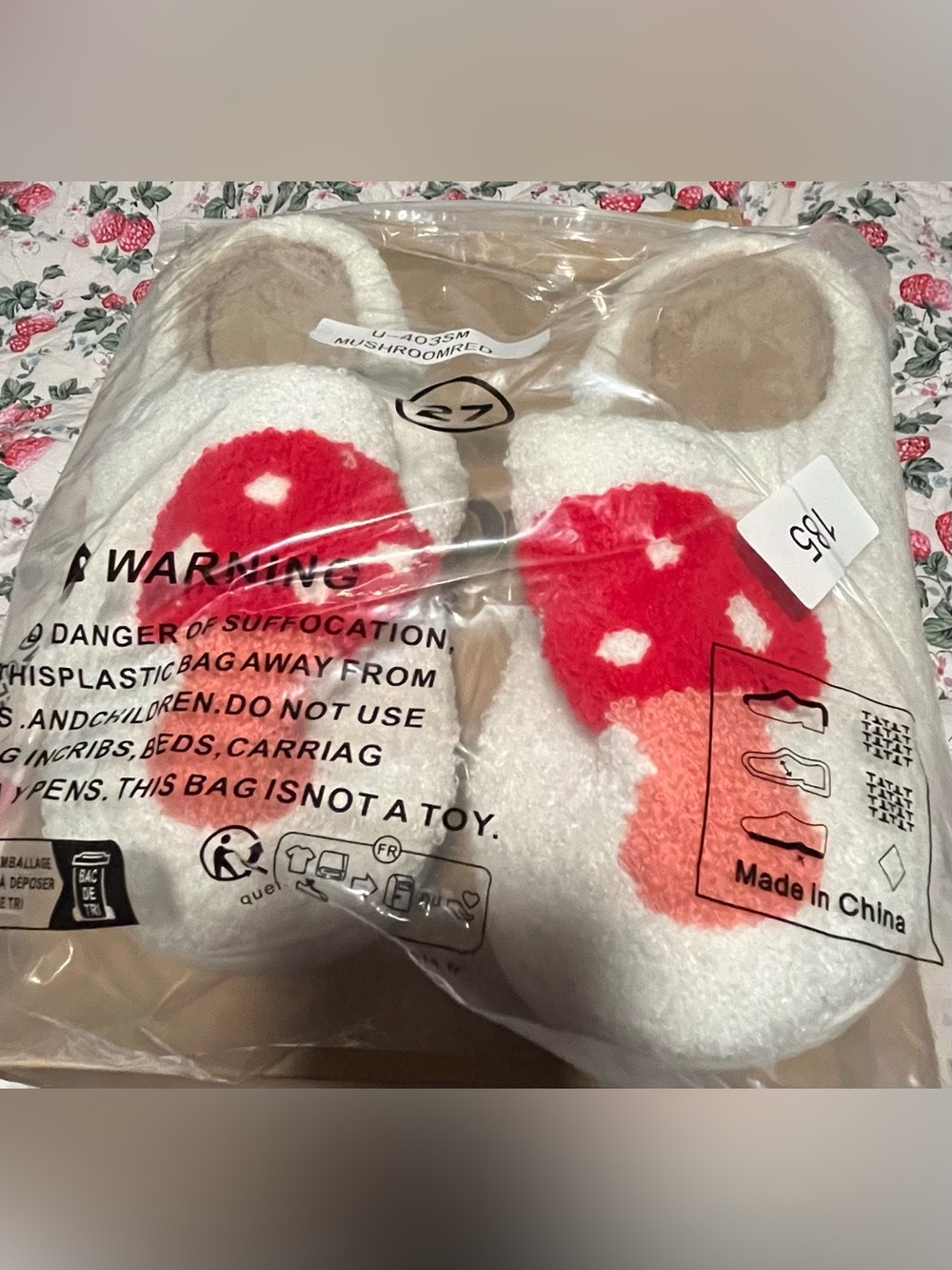 Women’s Plush Mushroom Slippers - White & Red